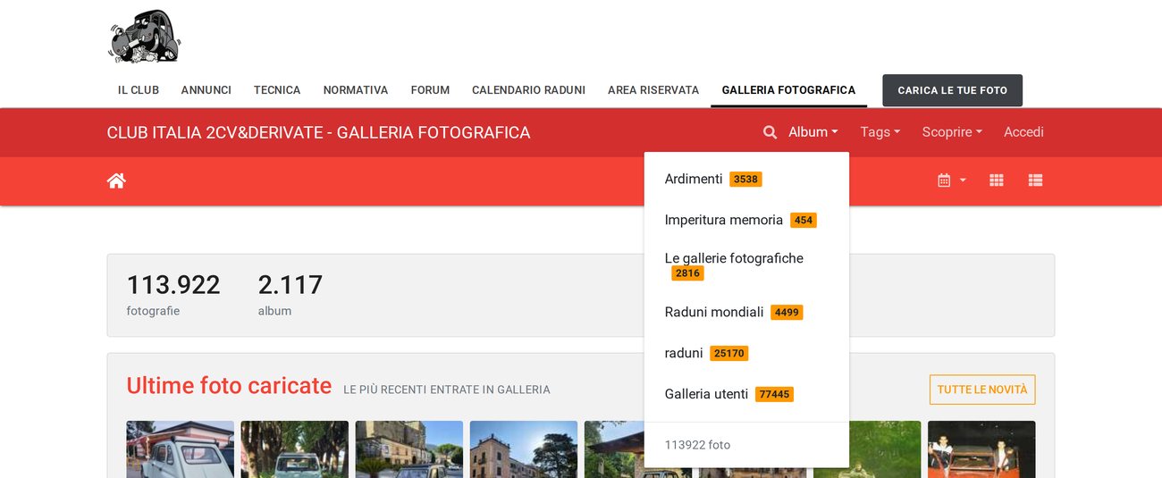 Il menu Album aperto, con l'elenco delle sezioni e il numero di foto